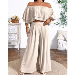 Plus Solid Ruffle Off Shoulder Crop Top Wide Leg Pants set